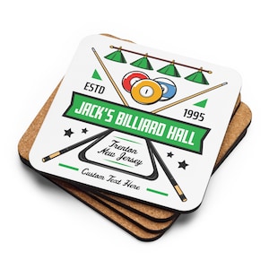 Personalized Billiard Hall Cork-Backed Coaster Custom Pool Coaster Personalized Gift for Dad Billiards Coaster