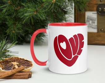 LOVE Mug with Red Color Inside Valentine's Day Mug Love Valentine's Gift for Her Red Heart Love Mug