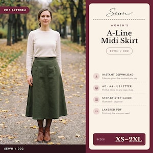 A-Line Midi Skirt Sewing Pattern PDF, Skirt with Darts and Waistband, Sizes XS-2XL
