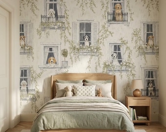 Behang met hondenmotief in Franse landelijke stijl, bloemenmuurschildering voor het raam, vintage cottage-decoratie