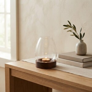 Glass Hurricane Candle Holder with Wood Base, Handmade Tealight Holder, Minimalist Japandi Table Decor, Housewarming Gift