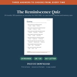May include: A digital quiz sheet titled The Reminiscence Quiz, featuring 24 rounds and 192 questions about everyday life from 1940-1980. The page shows a Wash Day round with multiple-choice questions, checkboxes, and a dark blue background.