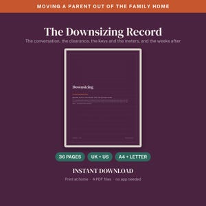 May include: A digital planner titled The Downsizing Record for moving a parent out of the family home. The document features 36 pages, includes US letter size, and is available as an instant download. The design uses a dark purple background with white text.