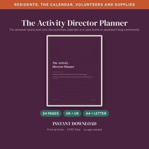 Puede incluir: El Activity Director Planner es un documento digital de 24 páginas para la gestión de actividades en residencias. Incluye texto sobre residentes, calendario, voluntarios y suministros. Disponible en tamaños A4 y Letter para descarga inmediata.