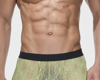 Calzoncillos bóxer de malla transparente para hombre, ropa interior de tul estampada, lencería masculina elástica y ligera.