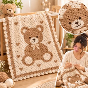 Peut inclure: Une couverture pour bébé en crochet de couleur crème ornée d'un grand motif d'ours en peluche marron au centre, agrémentée de petits cœurs marron et d'une bordure festonnée. Le design inclut un nœud marron sur l'ours et une texture en laine.