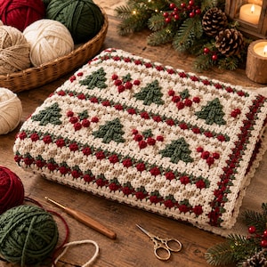 May include: A crocheted blanket featuring a repeating pattern of dark green Christmas trees and clusters of red berries on a cream-colored background, with a decorative border of red and green stitches, accompanied by yarn balls and tools.