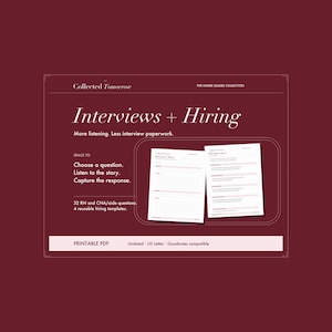 Op de afbeelding: Een kastanjebruin digitaal document getiteld Collected Tomorrow The Nurse Leader Collection Interviews + Hiring. Het bevat twee witte pagina's met gelinieerde secties voor notities en vragen, inclusief 32 RN en CNA/aide vragen en 4 herbruikbare sjablonen.