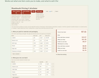 Handmade Pricing Calculator Spreadsheet, Product Cost & Profit Template with Etsy Fees, Excel Google Sheets