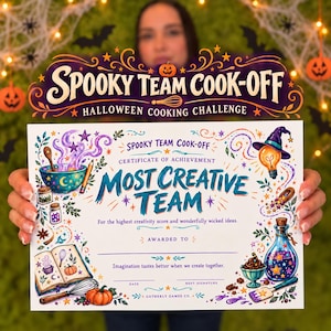 Puede incluir: Un certificado de logro blanco titulado Spooky Team Cook-Off Most Creative Team. El documento presenta ilustraciones coloridas de un tazón, un libro de hechizos, una calabaza, una poción y un sombrero de bombilla. El texto incluye For the highest creativity score and wonderfully wicked ideas y Imagination tastes better when we create together.