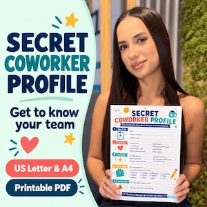 Puede incluir: Una hoja de cuestionario imprimible Secret Coworker Profile con secciones para About Me, Favorites, Fun Facts, Work Style y Just for Fun. El documento incluye iconos coloridos como un corazón, estrella, taza de café y lápiz, en tamaño A4.