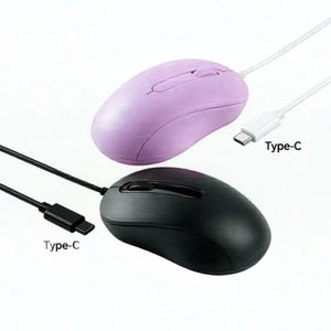 May include: A lavender computer mouse and a black computer mouse, each featuring a scroll wheel and a connected cable with a Type-C connector. The cables extend from the front of the devices, and the text Type-C is printed near each connector.