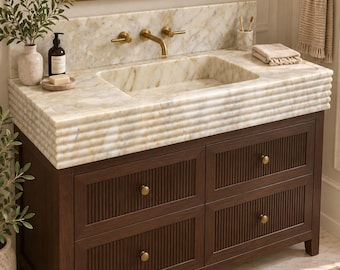 Calacatta Gold Marble Vanity Top Sink - Hand Carved Fluted Reeded Edge Trough Basin with Backsplash - Custom Sizes Available