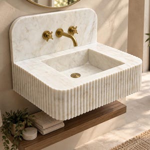 Calacatta Gold Marble Console Sink - Hand Carved Fluted Wall Mounted Washbasin - Ribbed Stone Sink with Backsplash - Custom Sizes Available