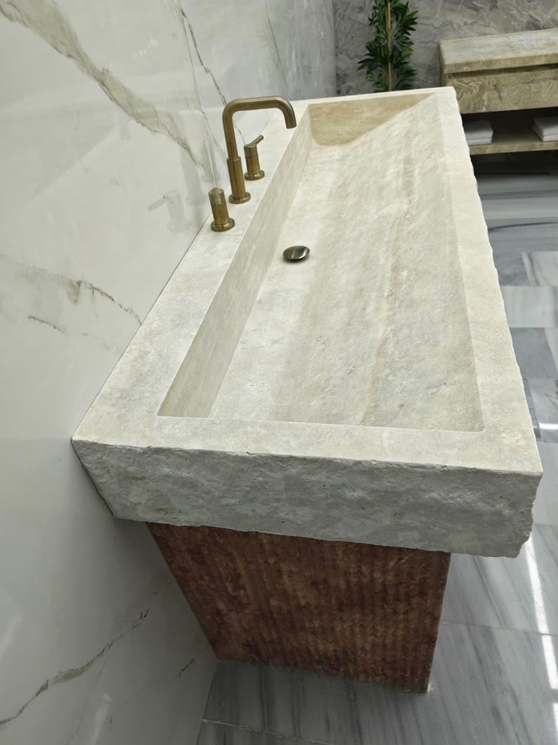 Beige Travertine Trough Sink - Hand Chiseled 60 Inch Long Console Basin ...
