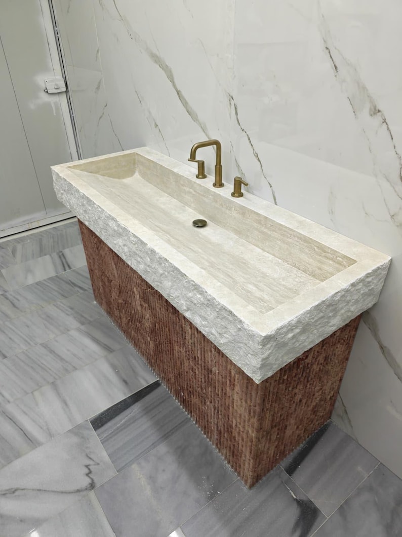Beige Travertine Trough Sink - Hand Chiseled 60 Inch Long Console Basin ...