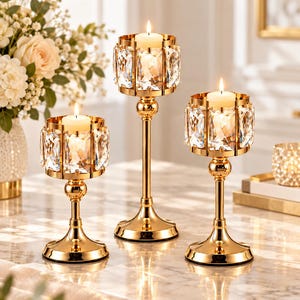 Gold or Silver Crystal Look Candle Holders Set of 3, Wedding Table Centerpieces, Elegant Reception Party Decorations, 23cm, 28cm, 33 cm