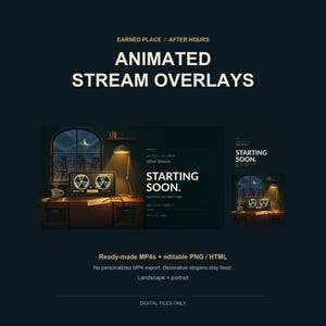 May include: Digital animated stream overlays featuring a dark room with a reel-to-reel tape recorder on a desk, a lamp, and a window view of a city at night. Text includes EARNED PLACE / AFTER HOURS, ANIMATED STREAM OVERLAYS, STARTING SOON.
