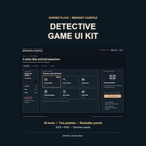 May include: A digital detective game UI kit titled Midnight Casefile, featuring a dark interface with white text, line icons, and resizable panels. The layout includes sections for evidence, case notes, and task lists with SVG and PNG file formats.
