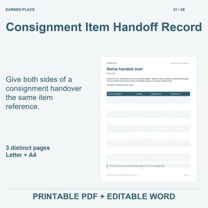 May include: A digital document template titled Consignment Item Handoff Record with a table for item descriptions, quantities, and condition notes. The document includes text instructions for consignment handovers and is available in Letter and A4 sizes.