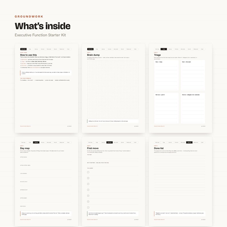 May include: A set of six white planning pages titled Groundwork Executive Function Starter Kit. The pages include sections labelled How to use this, Brain dump, Triage, Day map, First move, and Done list, featuring grids, lines, and checklists.