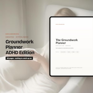 Op de afbeelding: De Groundwork Planner ADHD Edition is een digitale planner met 85 pagina's, ongedateerd en voorzien van hyperlinks. De interface toont de titel, ondertitel en navigatieknoppen waaronder Start Here, How to use this, Anchors, Weeks en Tools.
