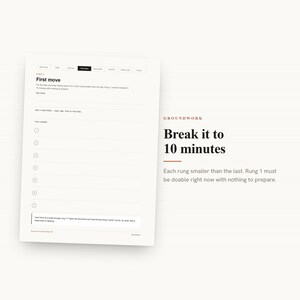 May include: A white document titled First move with a ladder graphic containing seven numbered rungs. The text reads Break it to 10 minutes, Each rung smaller than the last. Rung 1 must be doable right now with nothing to prepare. Groundwork is printed.