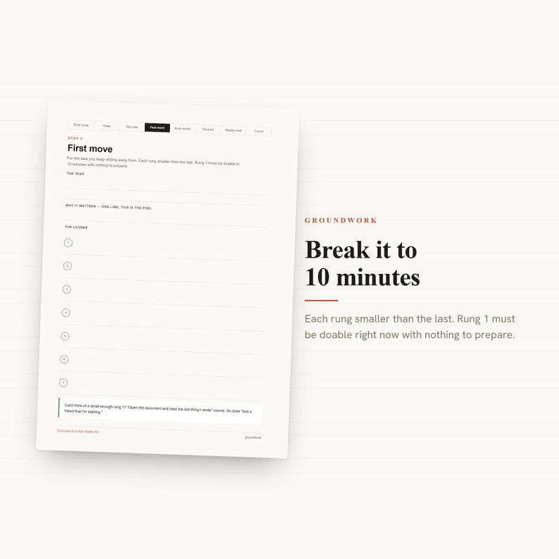 May include: A white document titled First move with a ladder graphic containing seven numbered rungs. The text reads Break it to 10 minutes, Each rung smaller than the last. Rung 1 must be doable right now with nothing to prepare. Groundwork is printed.