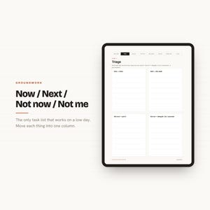 May include: A digital task management template displayed on a tablet screen, featuring a four-column layout titled Triage. The columns are labelled Now, Next, Not now, and Not me. The text Groundwork Now / Next / Not now / Not me is visible.