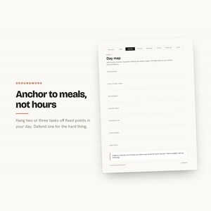 May include: A white planning sheet titled Day map with sections for daily tasks anchored to meals. The text reads Groundwork, Anchor to meals, not hours, and includes instructions to hang tasks off fixed points in the day and defend one hard thing.