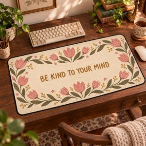 Puede incluir: Una alfombrilla de escritorio rectangular con fondo color crema que presenta un borde de tulipanes rosas, hojas verdes y pequeñas bayas amarillas. El texto BE KIND TO YOUR MIND está impreso en el centro en una fuente marrón sin remates.