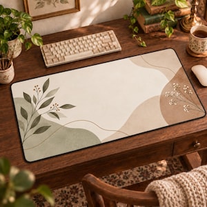Peut inclure: Un tapis de bureau rectangulaire au fond crème orné de formes organiques abstraites vert sauge et beige. Le motif présente une illustration botanique de feuilles vertes avec de petites baies orange à gauche et des fleurs blanches à droite.