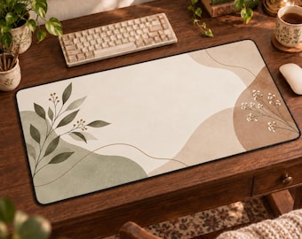 May include: A rectangular desk mat featuring a cream-colored background with abstract sage green and tan organic shapes. The design includes a botanical illustration of green leaves with small orange berries on the left and white flowers on the right.