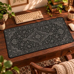 Vintage Persian Rug Pattern Desk Mat | Black Ornate Desk Pad