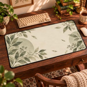 May include: A rectangular desk mat featuring a cream-colored background with watercolor-style illustrations of sage green leaves, branches, and small floral clusters. The design includes two soft, circular shapes in a muted green tone.