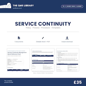 Puede incluir: Un paquete de documentos digitales titulado Service Continuity que incluye políticas, procesos, procedimientos y plantillas. El diseño incluye iconos para 5 documentos, formatos Word y PDF editables y descarga instantánea.