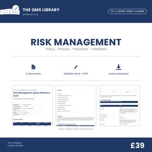 Könnte beinhalten: Ein digitales Produktpaket mit dem Titel Risk Management von The QMS Library, das Richtlinien, Prozesse, Verfahren und Vorlagen enthält. Es umfasst 6 Dokumente in Word- und PDF-Formaten mit Vorschauen einer Referenzkarte und Beispielen.