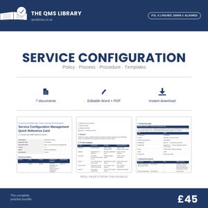 Peut inclure: Un ensemble de produits numériques intitulé THE QMS LIBRARY SERVICE CONFIGURATION comprenant des politiques, processus, procédures et modèles. Inclut 7 documents en formats Word et PDF, avec téléchargement instantané et exemples.