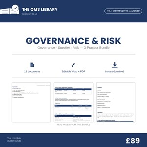 ISO 20000-1 Mallar för styrning, leverantörs- och riskhantering | ITSM-revisionsberedskapspaket | ITIL 4 Aligned (18 dokument)