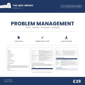 以下が含まれることがあります： 「Problem Management」と題されたデジタルドキュメントバンドル。ポリシー、プロセス、手順、テンプレートが含まれています。WordおよびPDF形式の6つのドキュメントで構成され、コンテンツページ、表、問題のライフサイクルチャートのプレビューが表示されています。