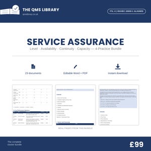 Op de afbeelding: Een digitaal documentenpakket getiteld Service Assurance, met 23 documenten in Word- en PDF-indeling. De afbeelding toont de afstemming op ITIL 4 en ISO/IEC 20000-1, met voorbeelden van prestatie-indicatoren en inhoudsopgaven.