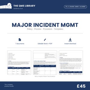 以下が含まれることがあります： The QMS LibraryによるMajor Incident Mgmtと題されたデジタルドキュメントバンドル。ポリシー、プロセス、手順、テンプレートが含まれています。WordおよびPDF形式の7つのドキュメントで構成され、エスカレーションマトリックスとランブックページのプレビューが表示されています。