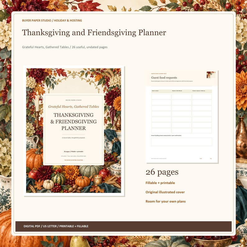 Thanksgiving and Friendsgiving Planner, 26-Page Fillable Printable PDF image 1