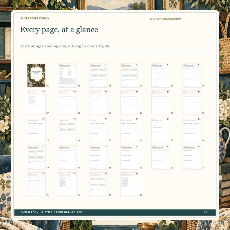 All 28 actual blank PDF pages of Home Inventory & Records Binder, shown in reading order including its illustrated cover and guide.