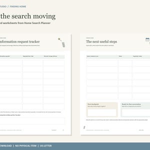 以下が含まれることがあります： Information request trackerとThe next useful stepsというタイトルの2枚の白いデジタルワークシート。ページには、住宅検索データを追跡するための整理された表があり、リクエスト、日付、ステータスの列と小さなアイコンが含まれています。