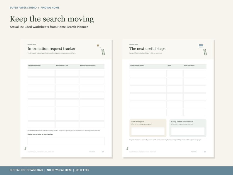以下が含まれることがあります： Information request trackerとThe next useful stepsというタイトルの2枚の白いデジタルワークシート。ページには、住宅検索データを追跡するための整理された表があり、リクエスト、日付、ステータスの列と小さなアイコンが含まれています。