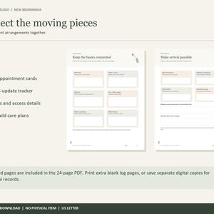 May include: A digital PDF planner page titled Connect the moving pieces, featuring sections for utility appointment cards, address-update trackers, contacts, and household care plans. The layout includes two pages with boxes for notes.