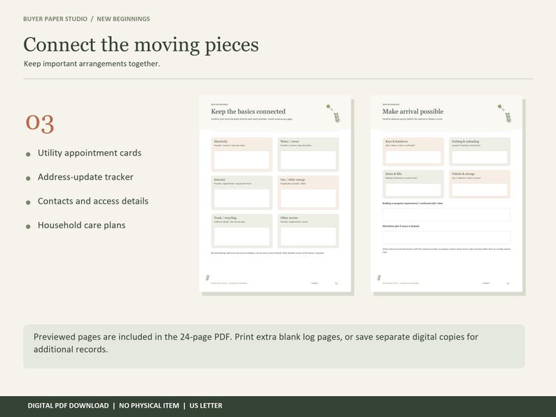 May include: A digital PDF planner page titled Connect the moving pieces, featuring sections for utility appointment cards, address-update trackers, contacts, and household care plans. The layout includes two pages with boxes for notes.
