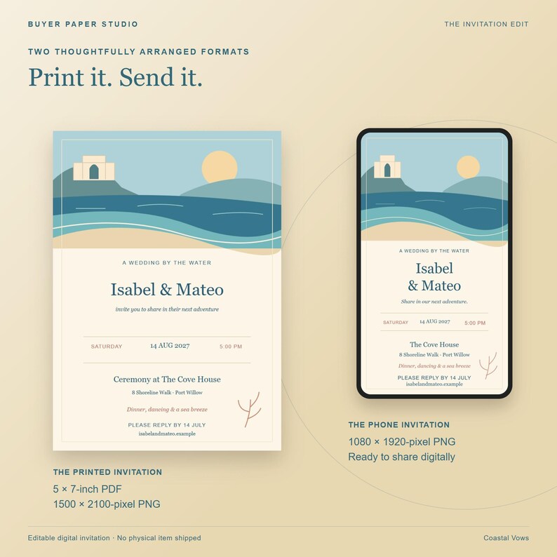 Invitación de boda con temática costera, plantilla editable para navegador, diseño para impresión y móvil de 5x7 pulgadas. imagen 3