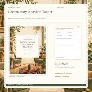 Op de afbeelding: Een digitale documentaire interviewplanner van 24 pagina's met een omslag, gids en werkbladen. De omslag toont een geïllustreerde woonkamerscène met de tekst Buyer Paper Studio, Listening Lens en Documentary Interview Planner.